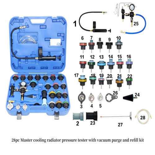 28pc Master cooling radiator pressure tester with vacuum purge and refill kit