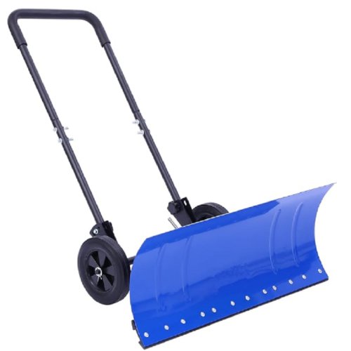 Snow shovel wheeled pusher