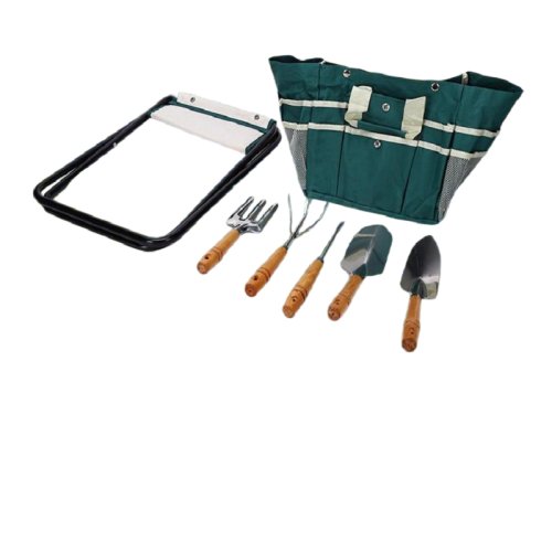 Folding stool with 5 garden tools