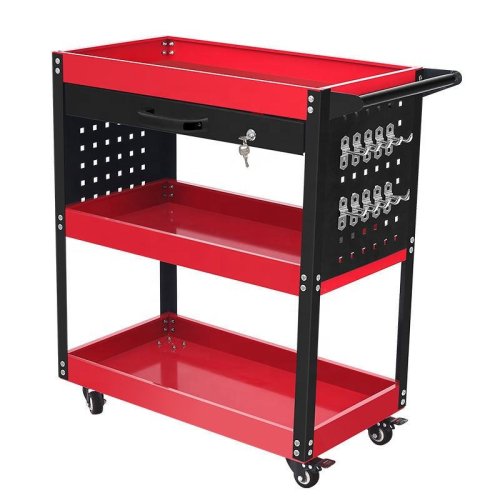 3-Tier Rolling Tool Cart with Drawer & Double-Sided Pegboard