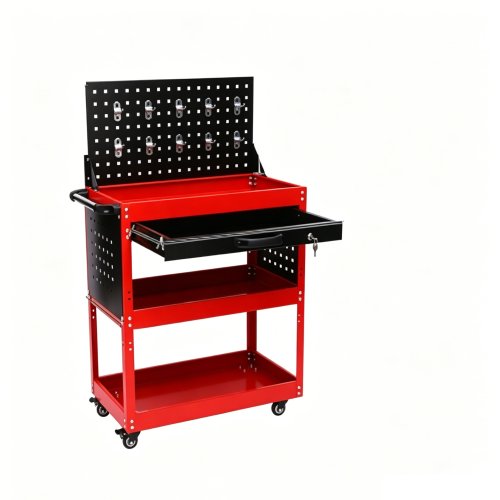 3-Tier Rolling Tool Cart with Drawer, Double-Sided Pegboard & Back Panel
