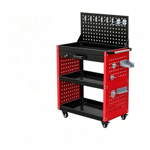 3-Tier Rolling Tool Cart with Pegboard Back Panel & Drawer